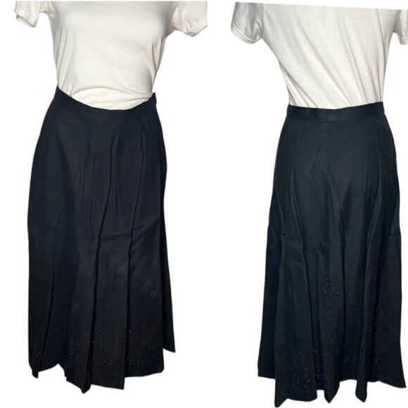 LAUREN RALPH LAUREN Black Midi Skirt Linen Blend Full Skirt Eyelet Womens Size 8 - Picture 9 of 9